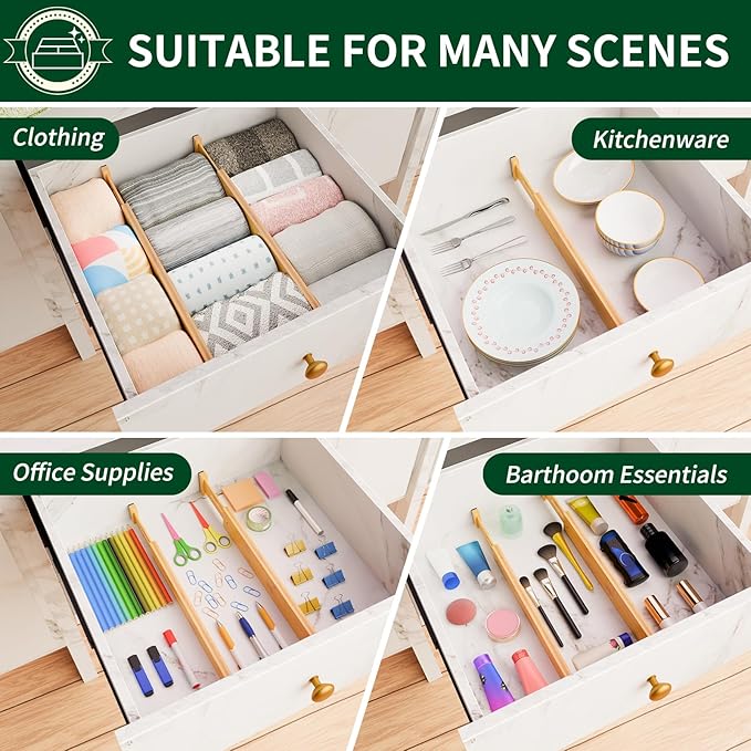 Dunruz 6 Pack Bamboo Drawer Dividers 2.6" High,Adjustable Spring Loaded Clothes Drawer Organizers for Kitchen, Dresser, Bathroom, Bedroom and Office