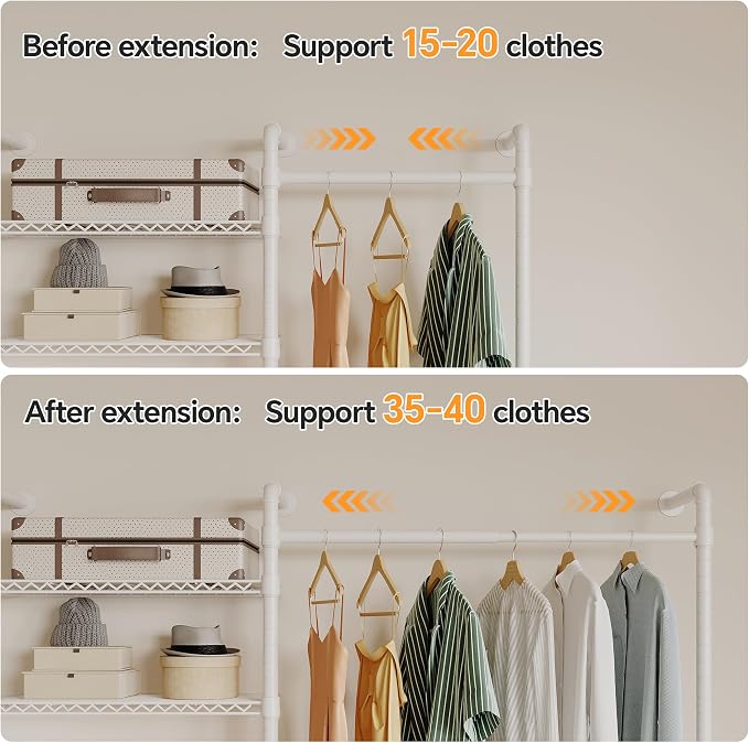 Higeego W3 Wall Mounted Closet System, Expandable Clothes Rack Heavy Duty Garment Rack Clothing Rack for Hanging Clothes, Industrial Pipe Closet Rack for Reach in Closet, White
