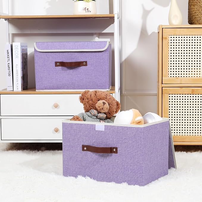 ANMINY 2PCS Storage Bin with Lid Storage Boxes with PU Leather Handles PP Plastic Board Decorative Foldable Lidded Cotton Linen Fabric Home Cubes Baskets Closet Organizer Container - Purple, Medium