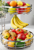 Sakugi Fruit Basket for Kitchen Counter - 2-Tier Large Capacity Fruit Bowl with Detachable Banana Hanger, Rust-Proof Metal Fruit Holder for Vegetables, Bread, Toiletry,10" D x 10" W x 14" H, Silver.