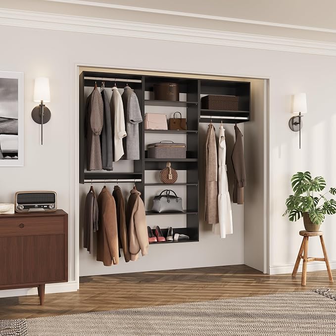ROOMTEC Modular Closet System, 96" Wall-Mounted Closet Organizer with Hanging Rods, Modern Wooden Tower for Walk-In Closets, Wardrobe Storage Kit, Black