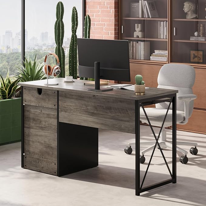 Bestier 47" Office Desk with Drawers, Industrial Computer Desk with Drawer, Reversible Teacher Desk with Storage & Keyboard Tray for Small Space Home Office & Studio, Gray Wash | 47 Inch Desktop With File Drawer, Open Storage, Keyboard Tray And Reversi...