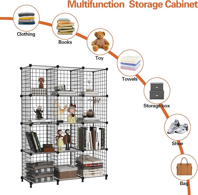 AWTATOS Wire 12 Cube Storage Organizer, Closet Storage Shelves Stackable | Metal Cube Storage Bookshelf, DIY Portable Closet Clothes Organizer, Wire Shelving for Bedroom, Home, Office Black