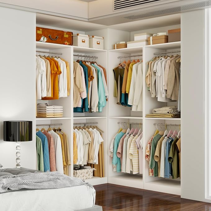 Closet System with 12 Hanging Rods& Shelves , 8FT Small Closet Organizer System Storage Wood with Extra Side Hanging Rod for Walk in Closet, Adjustable Modular Closet Systems Customize, White(8FT)