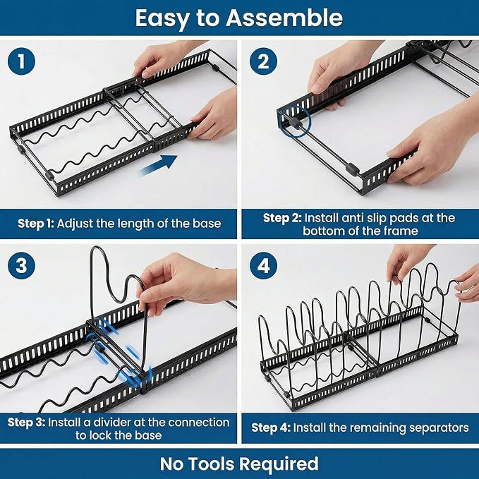 Expandable Pots and Pans Organizer for Cabinet – Heavy Duty Carbon Steel Pot & Pan Rack with 10 Adjustable Dividers, Wave Slot Cookware Holder for Pans, Lids, Bakeware, Countertop or Under Sink, Black