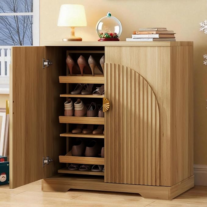 Vlsrka Rotating Shoe Storage Cabinet with Doors and 6 Tier Shelves, Wood | Suitable for 18 Pairs Shoe Organizer, Freestanding, Pull Out Shoe Rack, Wooden Entryway Cabinet for Hallway, Closet, Indoor