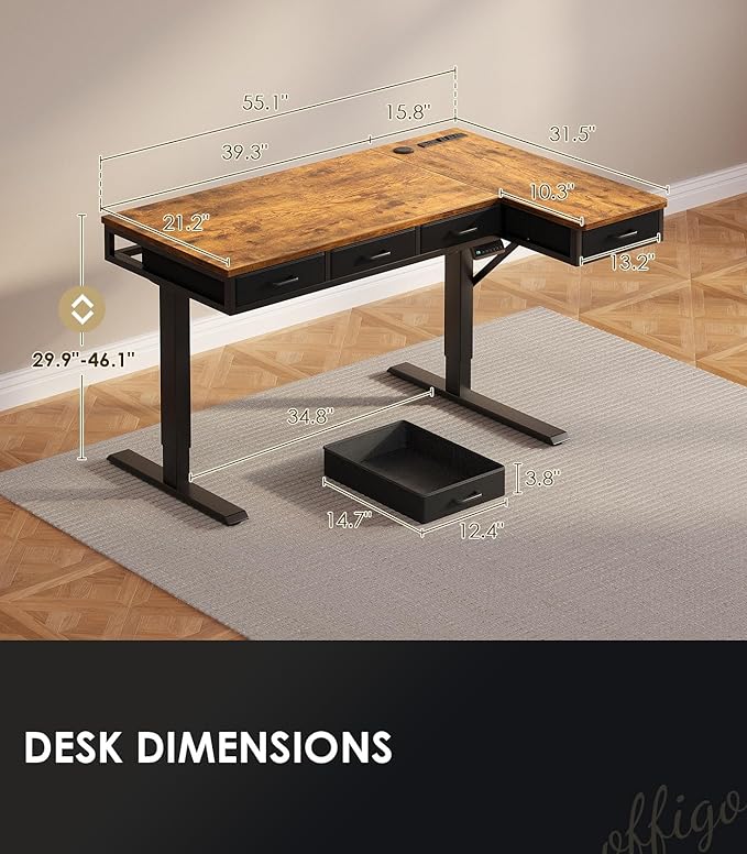 OffiGo 55 Inch L Shaped Electric Standing Desk with 4 Drawers, Rustic Brown | Reversible Corner Table, Office Desk With 4 Drawers and Outlets For Home Office, Computer Workstation And Sit Stand Use