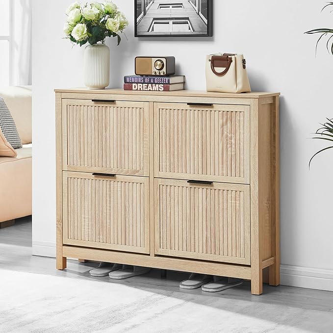4 Flip Drawers Shoe Cabinet Storage for Entryway, Narrow Hidden Shoes Cabinet Organizer Front Door Entrance Thin Free Standing Front Door Shoe Rack Storage for Entryway(Oak)