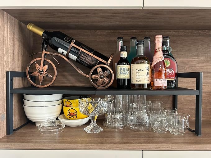 Expandable Cabinet Shelf Organizer 16-26" L Stackable Kitchen Counter Shelf Rack Sink Riser Countertop Storage Black (Normal 7.9”D)