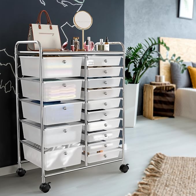 Simple Houseware 15 Drawers Rolling Utility Cart Art Craft Storage, Chrome | 2-Column, 35.8" Height, Lockable Wheels, for School, Office, Art Craft, and Paper Storage