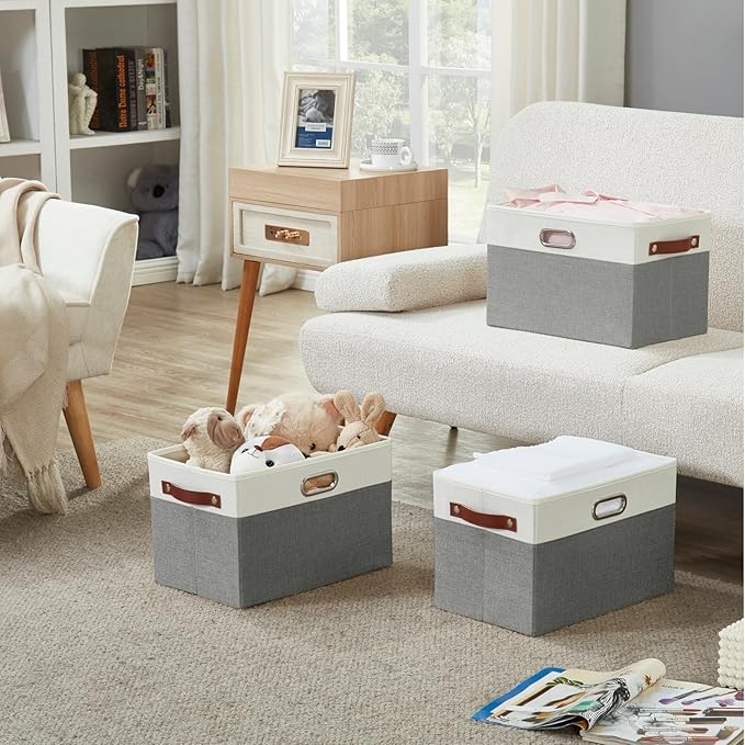 Bagnizer Large Collapsible Fabric Storage Bins with 3 Handles, Foldable Organizer Baskets for Closet, Shelves, Living Room | 3 Pack, Durable PU & Metal Handles (14.9"x9.8"x9.8", Gray & White)