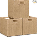 Wicker Storage Baskets for Organizing, 3 Pack Rustic Foldable Square Basket for Shelves, Handwoven Cubby Organizer Bins for Home Decor, Small Cube Storage Bin for Closet Organization (Natural 11 inch)