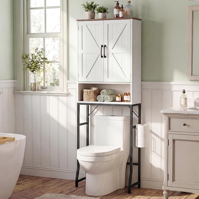 23.6" Over The Toilet Storage Cabinet with Barn Door,Bathroom Organizers and Storage with Adjustable Shelves, Farmhouse Over Toilet Organizer for Bathroom,Restroom,Laundry,White