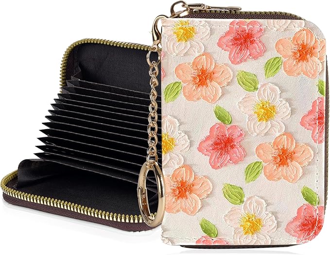 Credit Card Holder for Women,Small Rfid Wallet with Keychain Zipper,Cute PU Leather Card Case Wallet，Accordion Credit Card Wallets Gift,Pink Watercolor Flowers