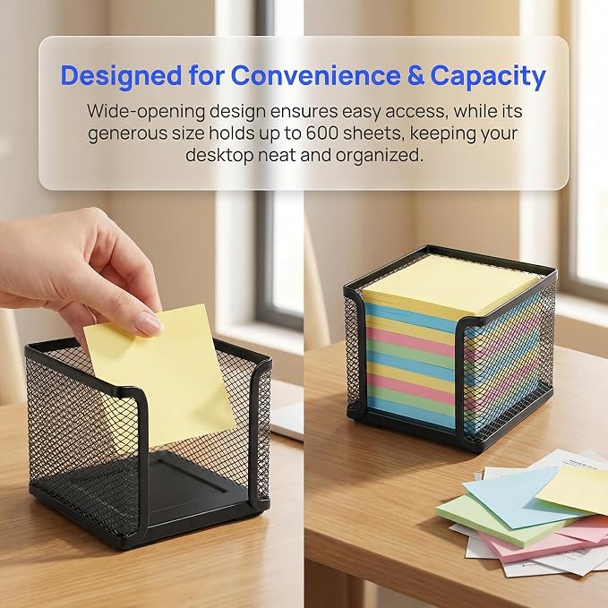 4 Pack Mesh Memo Holder, 4 x 4 Inch Black Metal Mesh Sticky Note Dispenser Cube Memo Pad Holder for Pen, Pencil, Paperclip, Thumbtack, Desk Organizer for Office Home School
