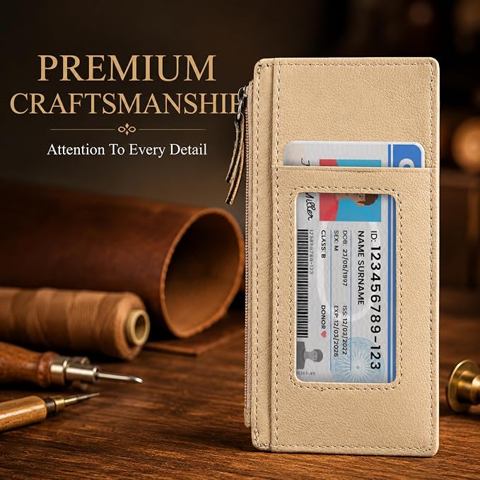 Leatherboss Genuine Leather Women's All in One Credit Business Card Case Holder Slim Zipper Wallet With a Card Protection Strap, Beige