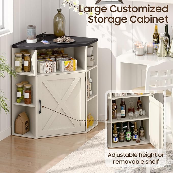 Vabches Corner Cabinet, Corner Storage Shelf with USB Ports and Outlets Industrial Organizer for Small Space Wooden 6-Cubby Bookshelf for Study, Playroom, Living Room (Rustic White and Black)