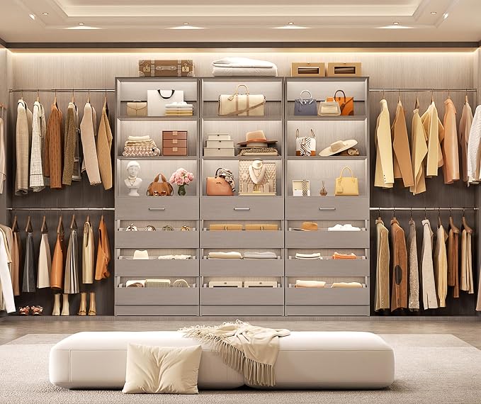 Aheaplus Closet System with 12 Drawers, 8.5-11.5Ft Wood Closet Organizer System with 4 Hanging Rods & 3 Towers, 4Ft & 6Ft L-Shaped Walk-in Closets Wardrobe Organizer Clothes Rack, Set of 3, Grey