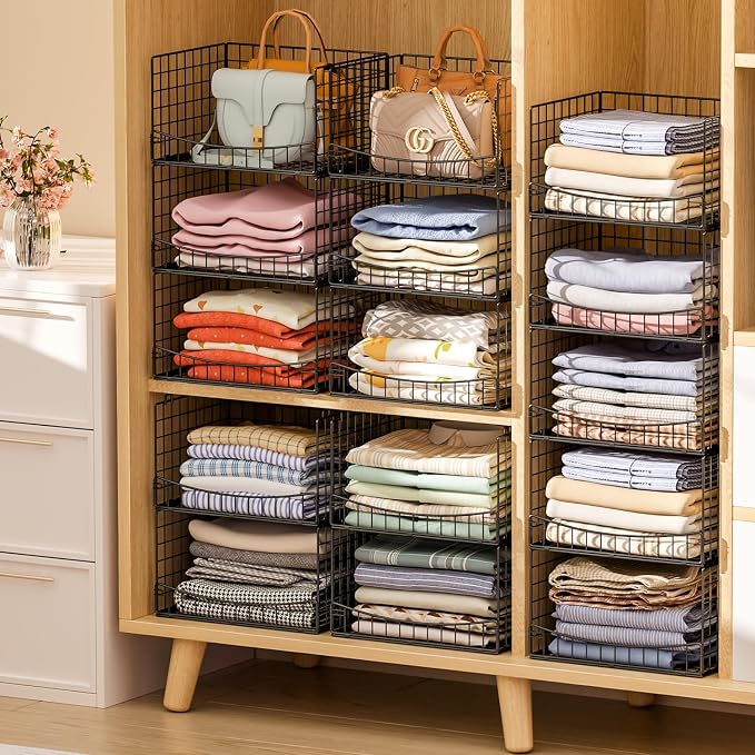 JKsmart 5-Tier Stackable Closet Organizers and Storage Shelves,Extend Clothing Closet Shelf Bins for Jeans Pants Sweaters - Wardrobe Cupboard Clothes Organizer System-Wider Mouth Design