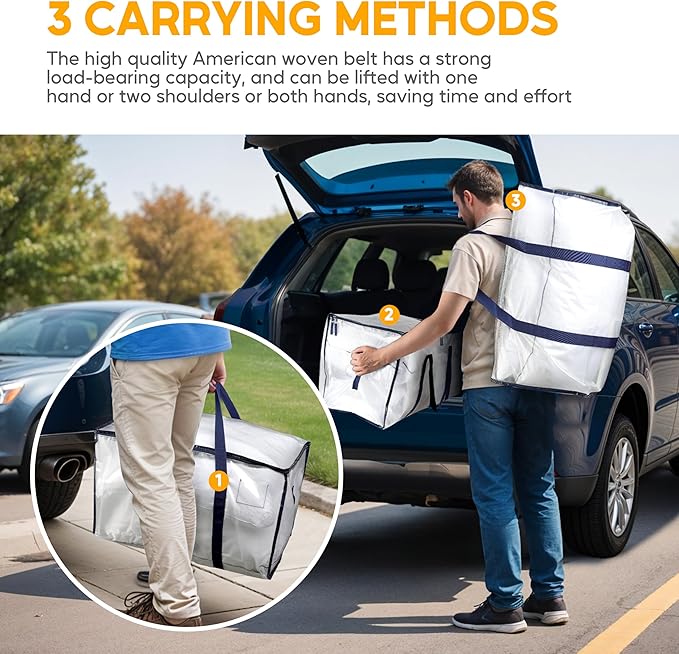HealSmart 12 Pack Large Moving Bags with Zippers & Handles, Moving Supplies with lids, Heavy Duty Totes for Space Saving, Fold Flat, Moving and Storing, Clear