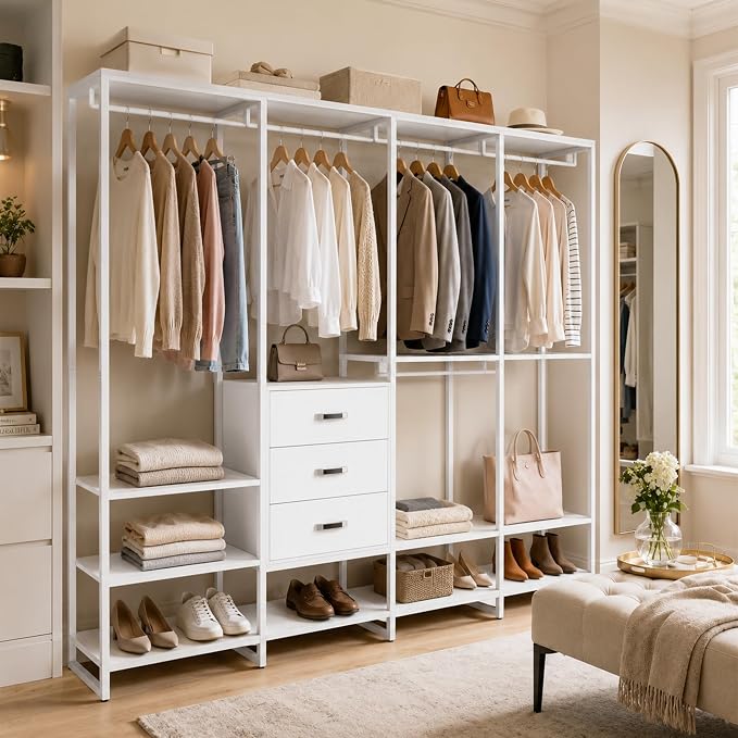 Freestanding Closet Organizer System with 3 Drawers, 6FT Heavy Duty Clothing Rack with Shelves and 6 Hanging Rods, Large Corner L Shaped Garment Rack, White
