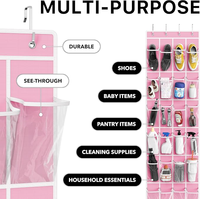 Simple Houseware 24 Pockets - Crystal Clear Over The Door Hanging Shoe Organizer, Pink (64'' x 19'')