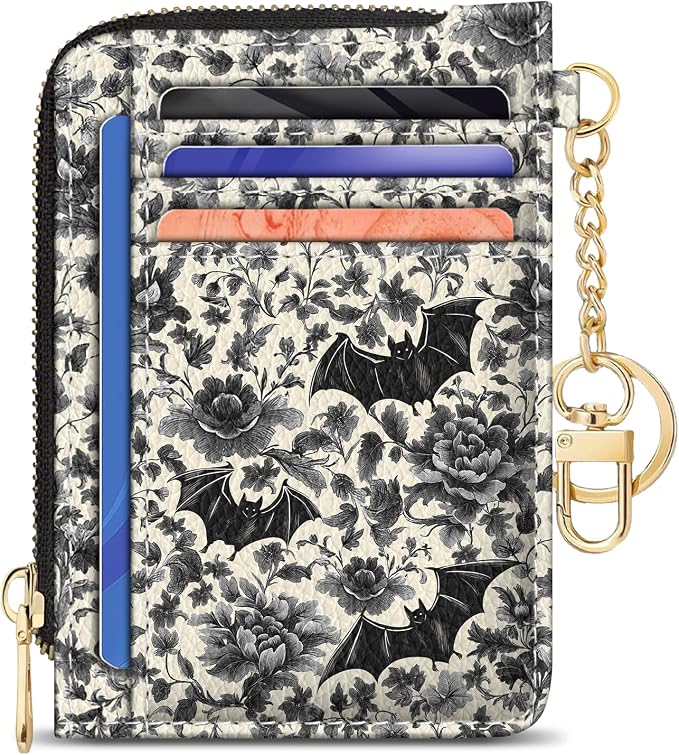 GIANCOMICS Slim Wallet Credit Card Holder Women, Goth Bat Rfid Blocking Small Card Case, Keychain Thin Pocket Curved Zipper Wallet, Travel Card Holder PU Leather ID Window, Ladies Female Gifts