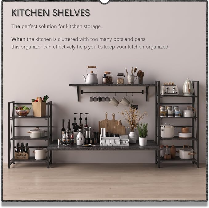 4NM No Assembly Folding Bookshelf Storage Shelves 3 Tiers Vintage Bookcase Standing Racks Study Organizer Home Office (Gray Black)