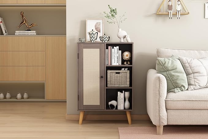 Multifunctional Wooden Storage Cabinet with Rattan Doors, Home Large Capacity Magazine and Book Storage Shenanigans (Oak)
