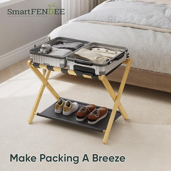 Smart FENDEE Luggage Rack, Folding Luggage Rack for Guest Room, Bamboo Suitcase Stand Holds up to 131 lb, Luggage Stand with Storage Shelf for Hotel, Bedroom (1 Pack)