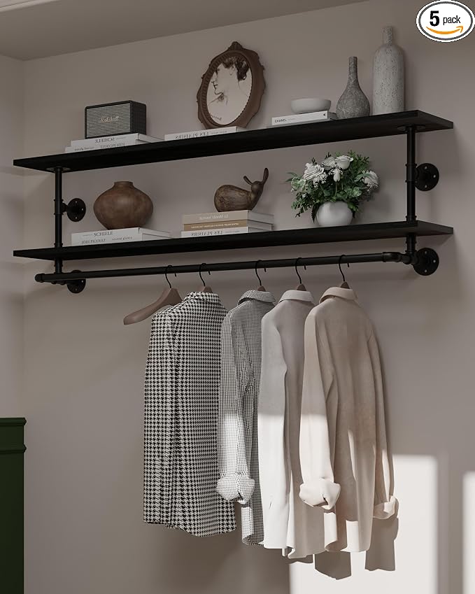 Black Clothes Rack 60in, 2-Tier Wall Mounted Garment Rack with Real Wood Shelf, Heavy Duty Hanging Clothes Rack, Multi-Purpose Hanging Rod, Space-Saving Closet Storage