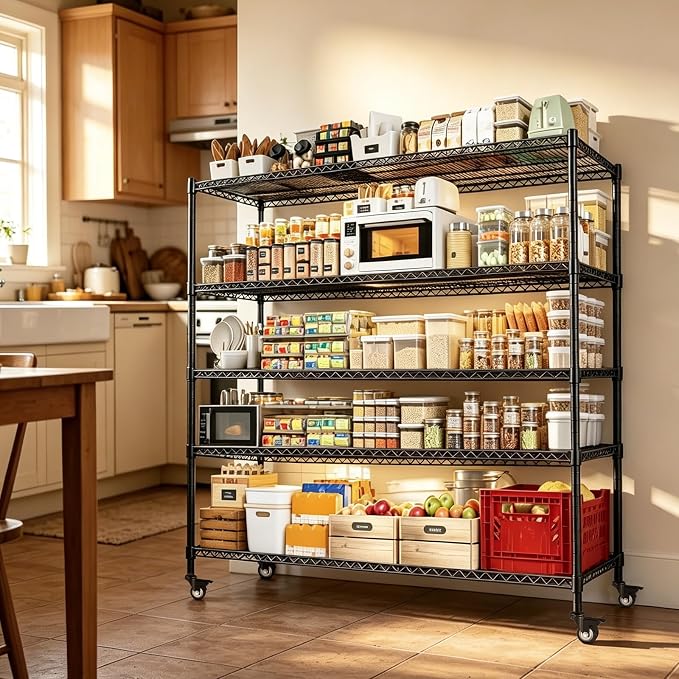 AIRAJ 36”W Storage Shelves with Wheels,5 Tier Wire Shelving,1750 LBS Metal Shelving Adjustable Layer Height,Garage Shelving Units for Kitchen,Pantry and Warehouse,Rolling Wire Rack,36”W×14”D×73”H