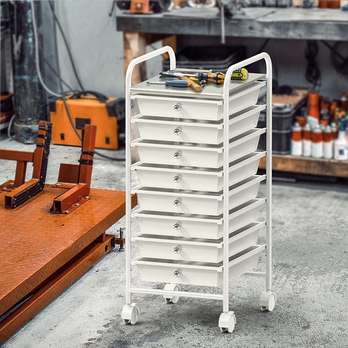 Simple Houseware 8 Drawers Rolling Utility Cart Art Craft Storage, White | 1-Column, 30.25" Height, Lockable Wheels, for School, Office, Art Craft, and Paper Storage