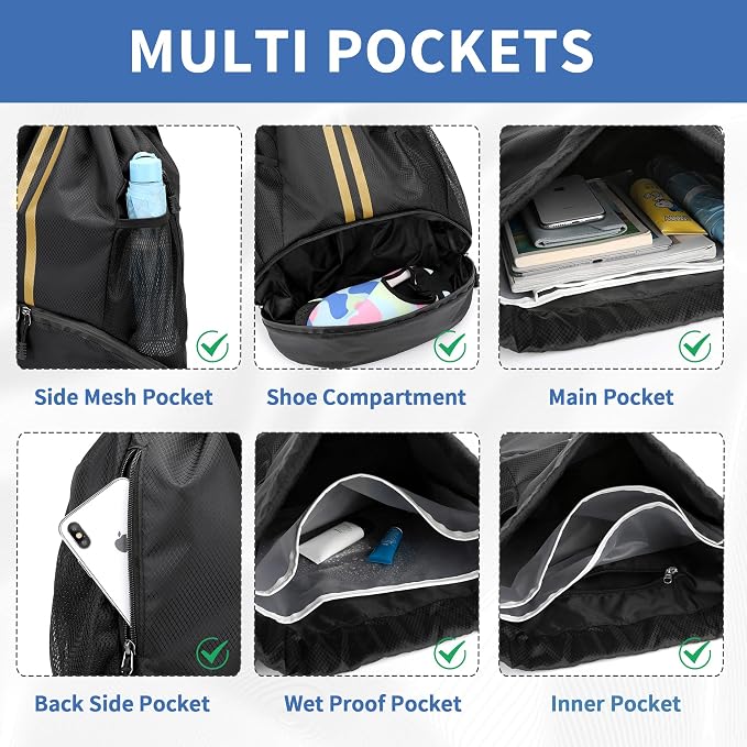 JELUTAR Drawstring Backpack Gym Bag with Shoes Pocket, Black Gold | Water-Resistant String Backpack for Soccer, Basketball, Swim, Beach Cinch for Women Men, 22 L Large Capacity, Wet Pocket