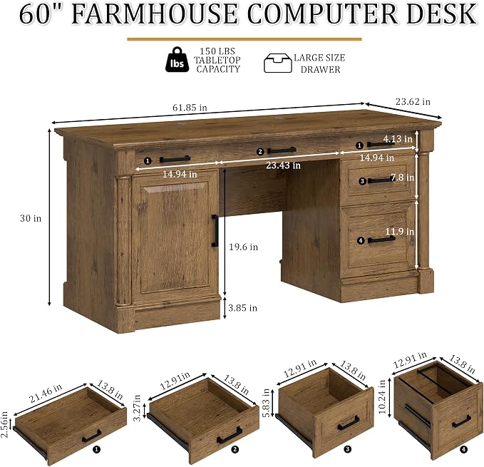 blini Large Farmhouse Executive Desk with Drawers，Wood Computer Desk，Embossed Texture Home Office Desk with File Cabinet Storage, Cable Management, Keyboard Tray，Working Table for Work Study Writing