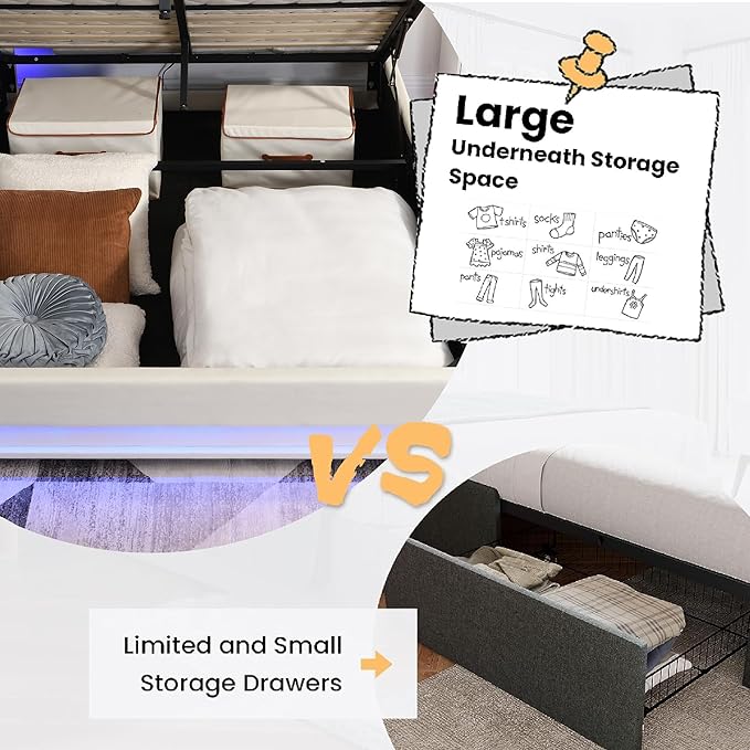 Ailisite Queen Size Lift Up Storage Bed, Upholstered Platform Bed with Button Tufted Wingback Storage Headboard, Bed Frame Queen Size with Led Lights and Charging Station, No Box Spring Needed, Beige | Lift up Storage, breathable material, with led lig...