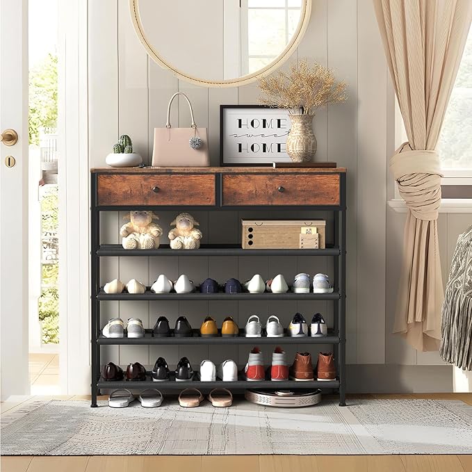 usikey Shoe Rack, 5 Tier Shoe Storage Organizer with 2 Drawers, Metal Shoe Shelf for 16-20 Pairs of Shoes, with 4 Oxford Fabric Shelves and Wooden Top, Shoe Stand for Closet, Entryway, Rustic Brown