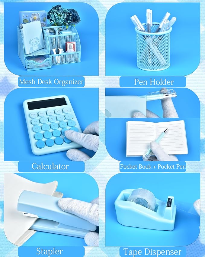 23pc Blue Desk Accessories and Organizers with Mesh Organizer Stapler Tape Dispenser Calculator and a Lot of Office Purple Office Supplies Beautifully Presented in a Gift Box
