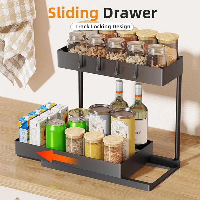 Simple Trending Multi-Purpose Pull-Out Storage Organizers, 2 Tier Under Sink Organizer, Stackable Cabinet Drawers Bins for Kitchen, Bathroom, Closet, Black, 3 Packs