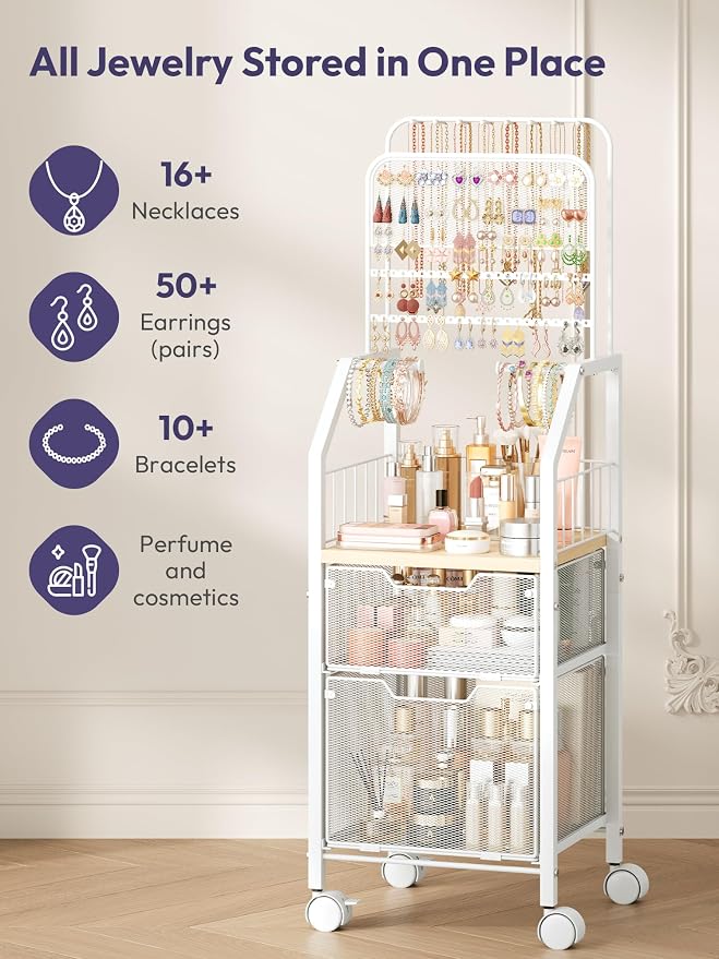SWTYMIKI Jewelry Organizer with Drawers- Metal Jewelry Holder Stand Large Necklace Holder and Earring Organizer Display, Rolling Jewelry Storage Makeup Organizer for Bedroom Vanity Closet