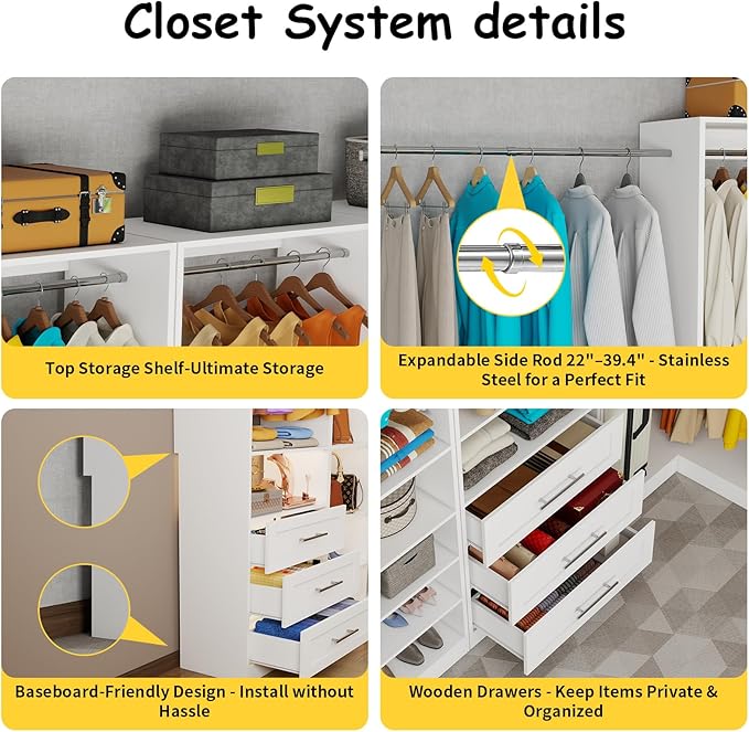 Closet System with 9 Drawers, Corner Closet Organizer System with 9 Hanging Rods Walk in Wooden Modular Closet Storage System L-Shaped 4 Sets, 2800+ Lbs Capacity White