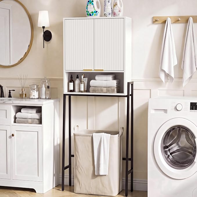 25" W Over The Toilet Storage Cabinet with Fluted Door,Bathroom Organizers and Storage with Adjustable Shelves, Modern Over Toilet Organizer for Bathroom,Restroom,Laundry,White
