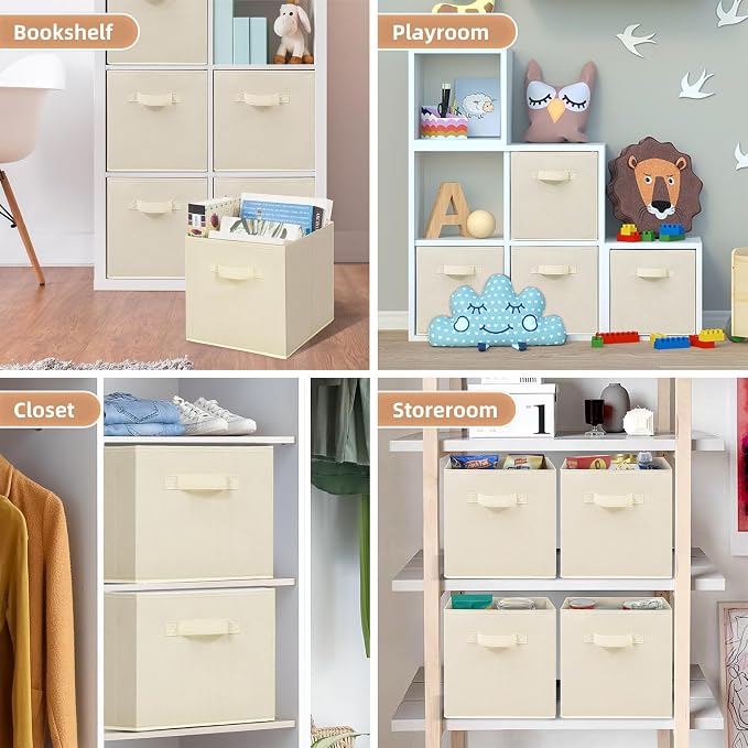 STORAGE MANIAC Storage Cubes, 11 Inch Collapsible Storage Bins with Handles, 4 Pack Fabric Foldable Bins for Organization, Durable Storage Bins for Closet, Shelves, Offices, 4-Pack Beige