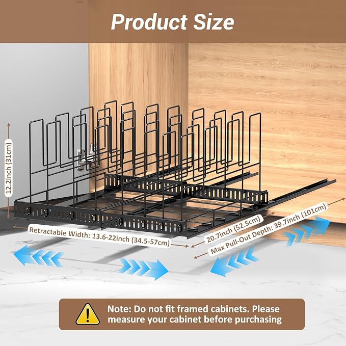 Housolution Pull Out Large Baking Tray and Cookie Sheet Organizer, 13"-22" Width Expandable Cutting Board Holder with 8 Adjustable Dividers, 21.5" Deep Bakeware Storage Rack for Cabinet, Black