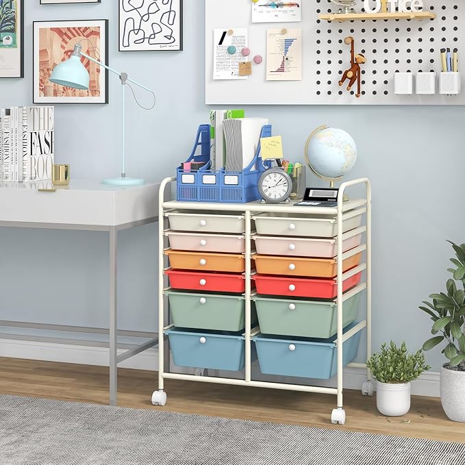 BECOMFORT 12-Drawer Rolling Cart with Drawers, Storage Cart on Wheels, Teacher Classroom Organizers with Metal Frame, Mobile Craft Cart, Trolley Utility Cart for School Office Play Room
