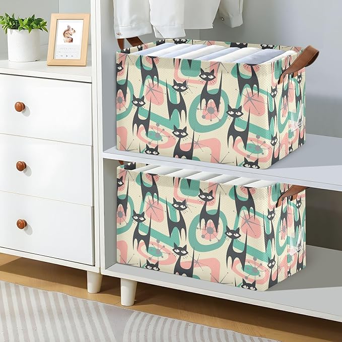 Mid Century Atomic Black Cat Storage Basket Foldable Cube Storage Bins with Handles&Label Waterproof Collapsible Organizer Box Bin Large Rectangle Decorative Baskets for Shelves Home Room Laundry-2 PC
