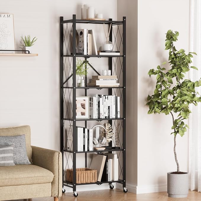 ALANNG 73.6 Inch Folding Bookshelf, 6 Tier Metal Bookcase and Bookshelves | Tall Shelves for Living Room Office Bedroom, Heavy Duty Book Shelve Free Standing Open (Black, 3PACK)