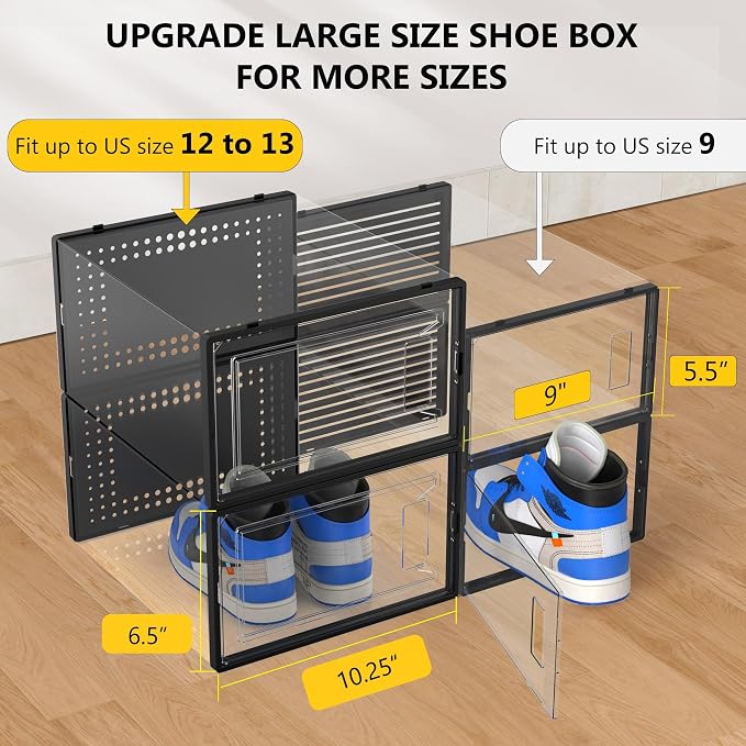 Snaxo 12 Pack XX-Large Clear Shoe Storage Boxes, Stackable Modular Plastic Shoe Organizer Front-Opening Door, Ventilated Dust-Proof Sneaker Display Case Closet, Entryway, Black