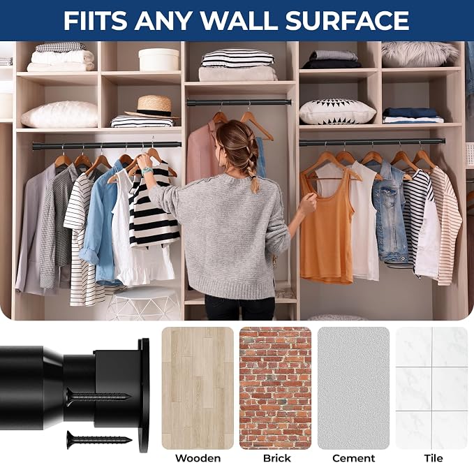 Mavivegue Closet Rods for Hanging Clothes,17 to 57 Inches Stepless Adjustable Metal Closet Rod, Heavy Duty Tension Rod, Extra Long Tension Rod, Adjustable Curtain Rod, for Closet, Black
