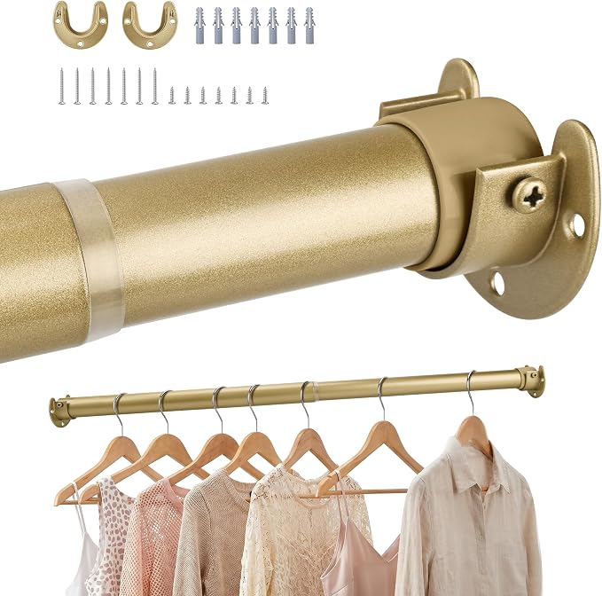 Adjustable Closet Rod for Hanging Clothes, 17-39inch Heavy Duty Metal tension clothes rod，1.3Inches Closet Pole with Hardware Kit for Closet Organization Laundry Room RV, Gold